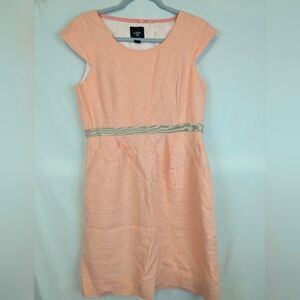 J Crew Suiting Size 8 Capped Sleeve Mid Length Peach Dress W/ Ribbon Belt Linen